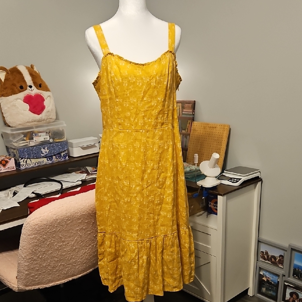 NWT Cynthia Rowley Linen Floral Yellow Midi Dress. Size 12.